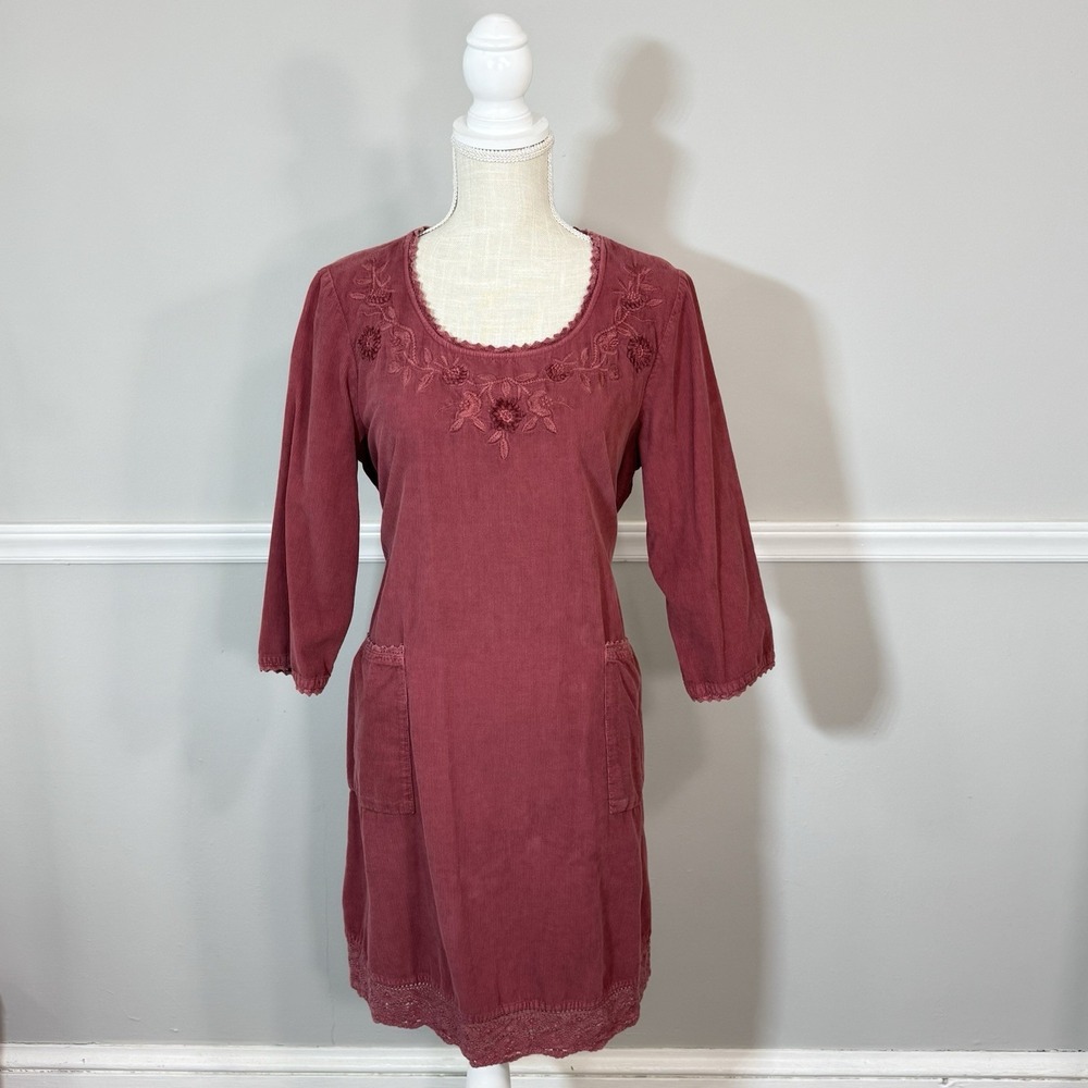 Vtg April Cornell Corduroy Dress Sz M Burgundy‎ Floral Embroidered Crochet Trim